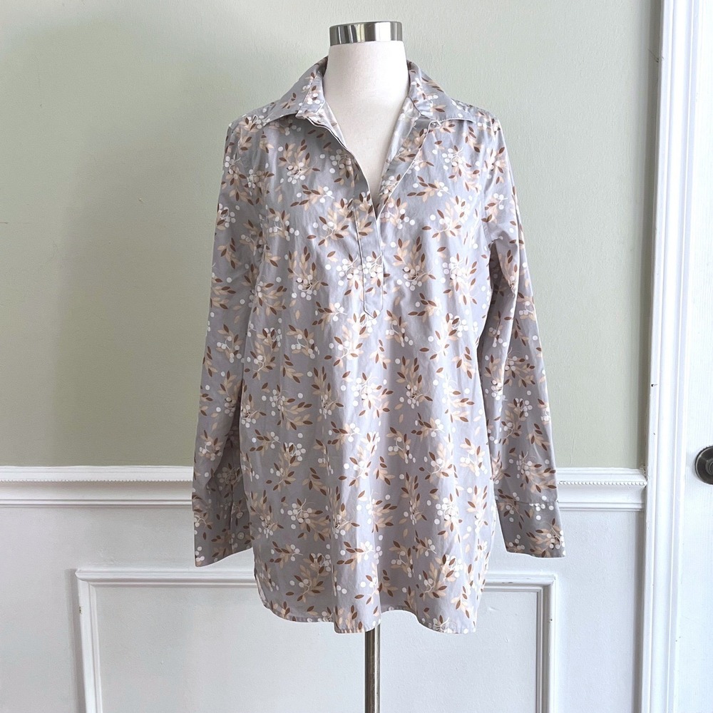 Lands End No Iron Supima Cotton‎ Tunic Womens 12 Floral Popover Gray Shirt Leaf